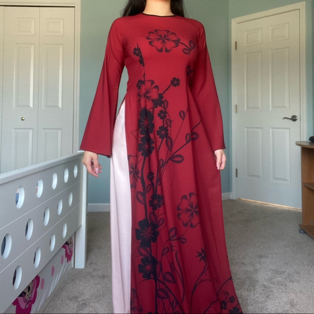 Vietnamese ao dai dress floral maxi formal gown